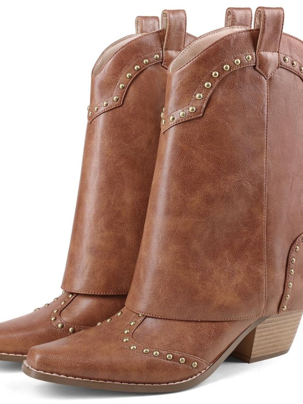 Women Shark Boots Fold Over Cowboy Boots Cowgirl Ankle Chunky Heel Snip Toe Pull